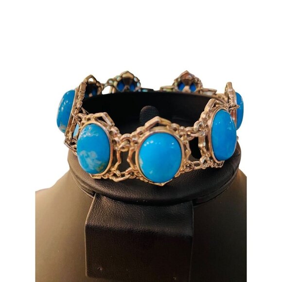 JBK Signed Faux Turquoise Link Bracelet Jacqueline Kennedy 1980s 7-8.2" Adjustab